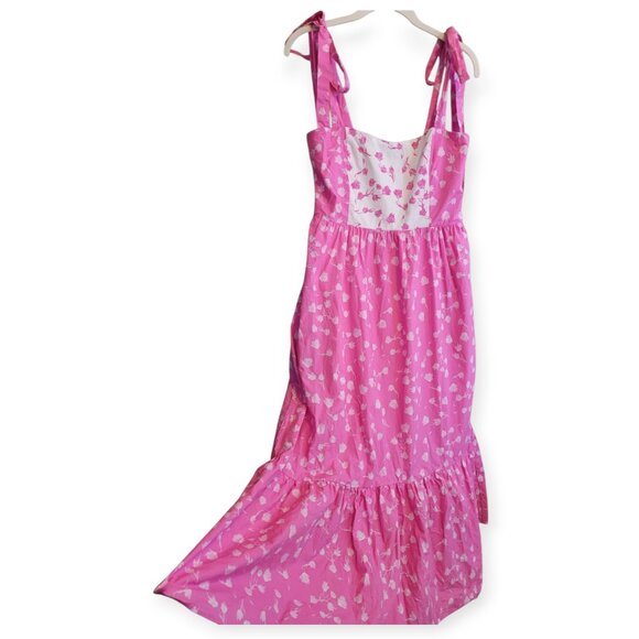 English Factory sleeveless tie-shoulder pink/white lined maxidress size M - Picture 3 of 13
